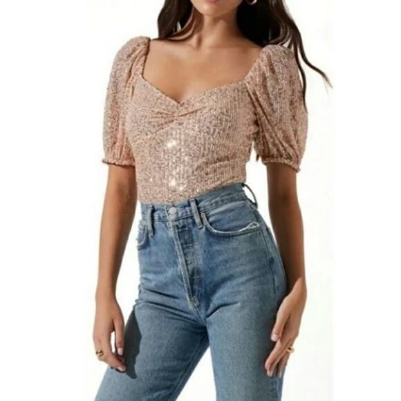 ASTR The Label Tops - Astr Sequin Bodysuit in Rose Gold